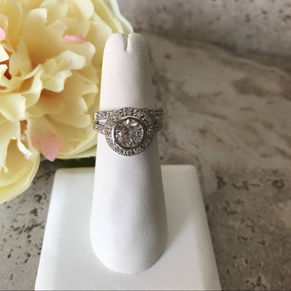 Sterling Silver Bezel CZ Wedding Ring Set